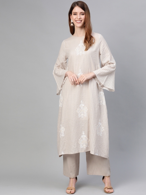 

HERE&NOW Women Grey & White Striped A-Line Kurta