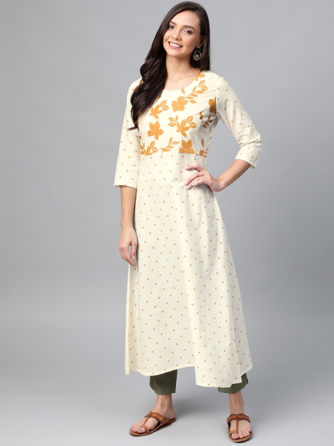 

HERE&NOW Women Cream-Coloured & Mustard Yellow Printed Anarkali Kurta