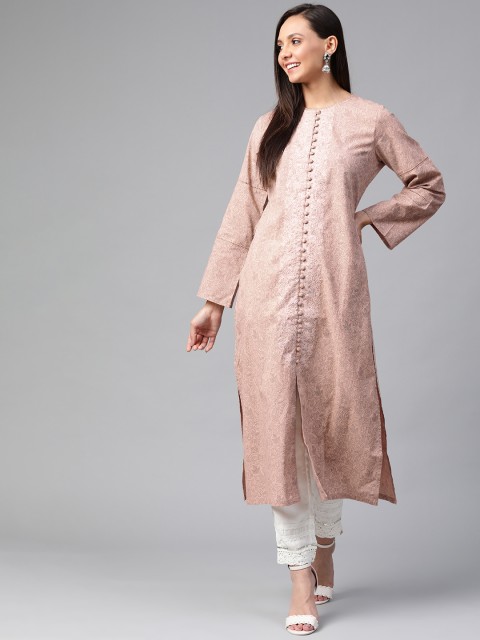 

HERE&NOW Women Pink & Grey Printed Straight Kurta