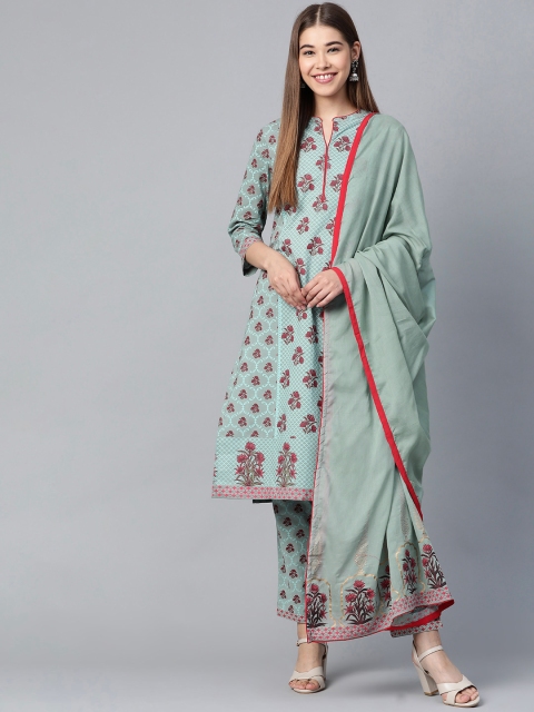 

HERE&NOW Women Grey & Red Printed Kurta with Trousers & Dupatta