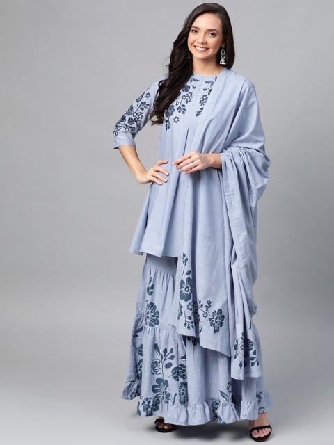 

HERE&NOW Women Blue & Cream-Coloured Embroidered Kurti with Sharara & Dupatta