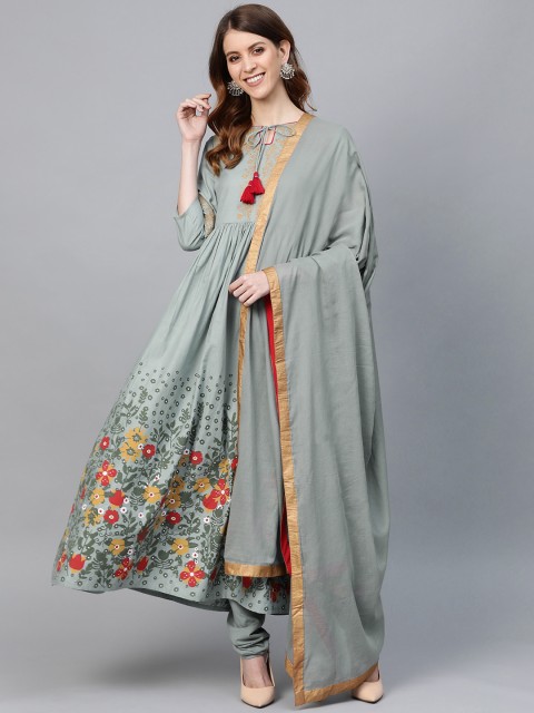 

HERE&NOW Women Grey & Red Floral Print Kurta with Churidar & Dupatta