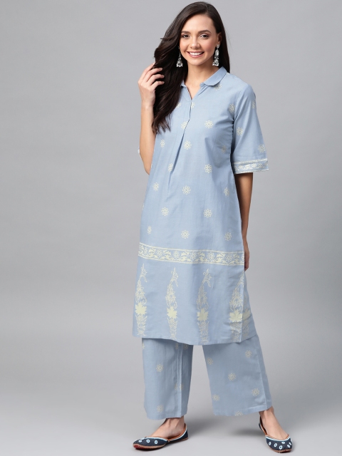 

HERE&NOW Women Blue & Cream-Coloured Printed Kurta with Palazzos