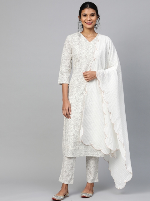 

HERE&NOW Women Off-White & Grey Printed Kurta with Trousers & Dupatta