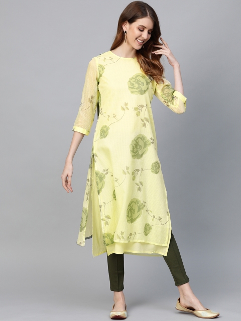 

HERE&NOW Women Yellow & Green Floral Print Layered Straight Kurta