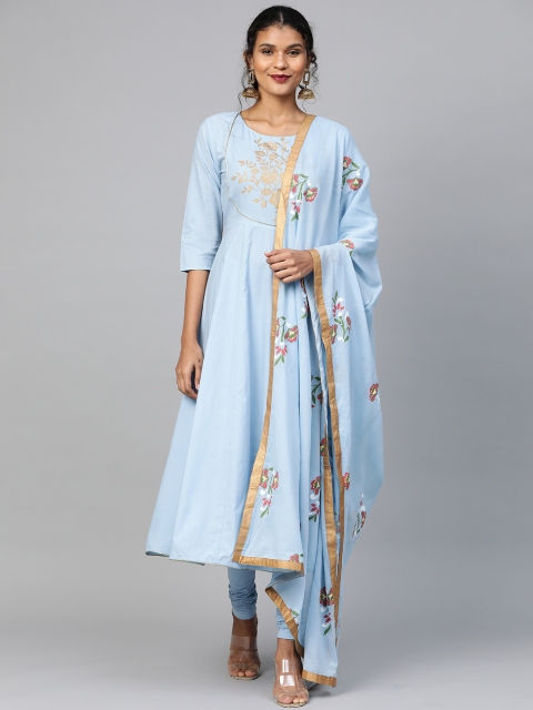

HERE&NOW Women Blue Yoke Design Kurta with Churidar & Dupatta