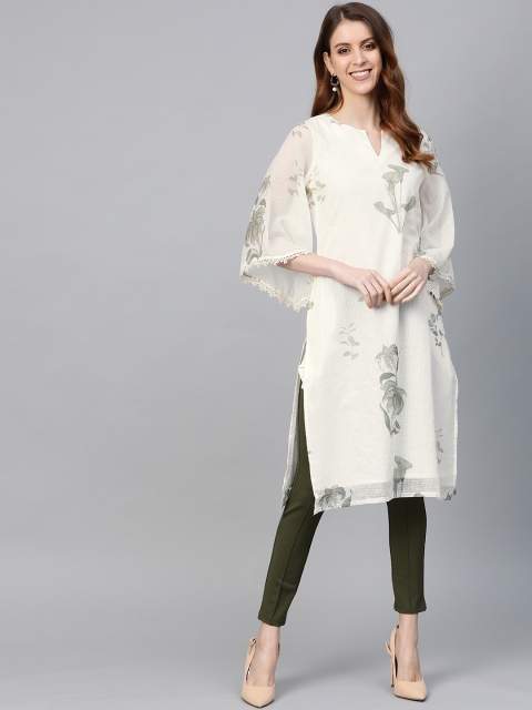 

HERE&NOW Women White & Olive Green Floral Print Self-Checked Straight Kurta