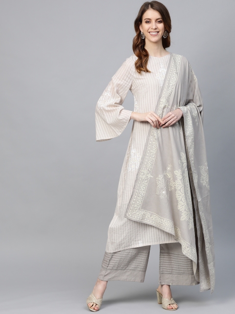 

HERE&NOW Women Grey & White Printed Kurta with Palazzos & Dupatta