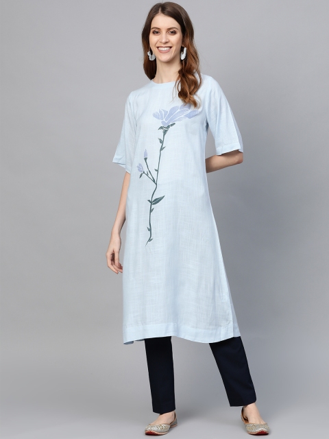 

HERE&NOW Women Blue Floral Print A-Line Kurta