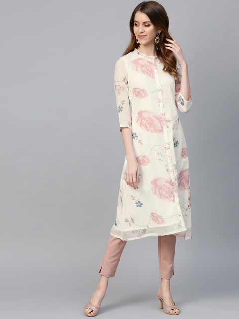 

HERE&NOW Women Off-White & Pink Floral Print A-Line Kurta