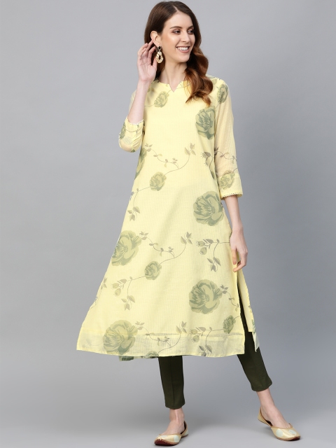 

HERE&NOW Women Yellow & Green Floral Print A-Line Kurta
