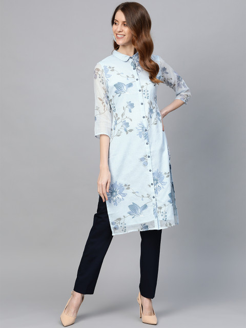 

HERE&NOW Women Blue Floral Print Straight Kurta