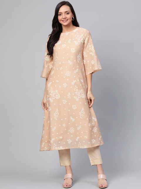 

HERE&NOW Women Peach-Coloured & Cream-Coloured Floral Print A-Line Kurta