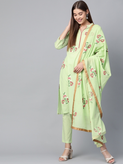 

HERE&NOW Women Green & Pink Printed Kurta with Trousers & Dupatta