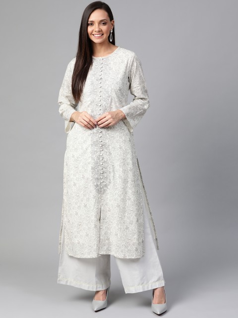

HERE&NOW Women Off-White & Grey Printed Straight Kurta