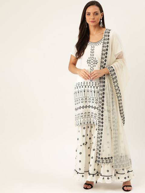 

Moda Rapido Women White & Black Printed Kurta with Sharara & Dupatta