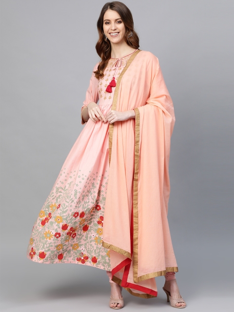 

HERE&NOW Women Peach-Coloured & Beige Floral Printed Kurta with Leggings & Dupatta
