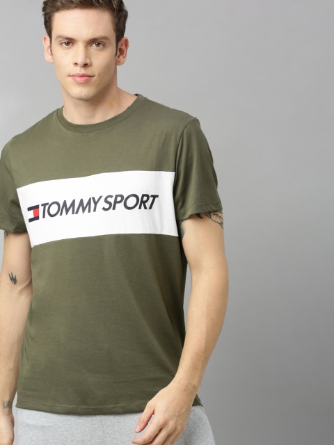 

Tommy Hilfiger Men Olive Green & White Brand Logo Printed Round Neck T-shirt
