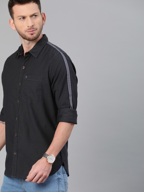 

WROGN Men Charcoal Grey Slim Fit Solid Casual Shirt with Side Taping