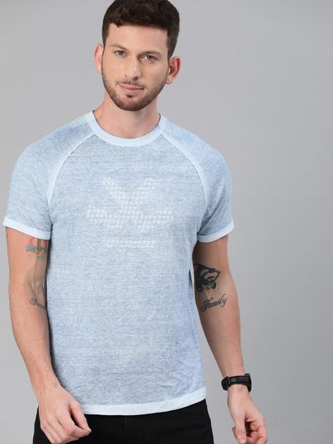 

WROGN Men Blue Printed Round Neck Pure Cotton T-shirt