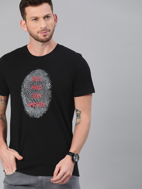 

WROGN Men Black Printed Round Neck T-shirt