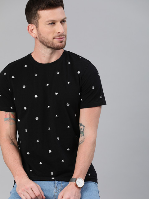 

WROGN Men Black Printed Slim Fit Round Neck T-shirt