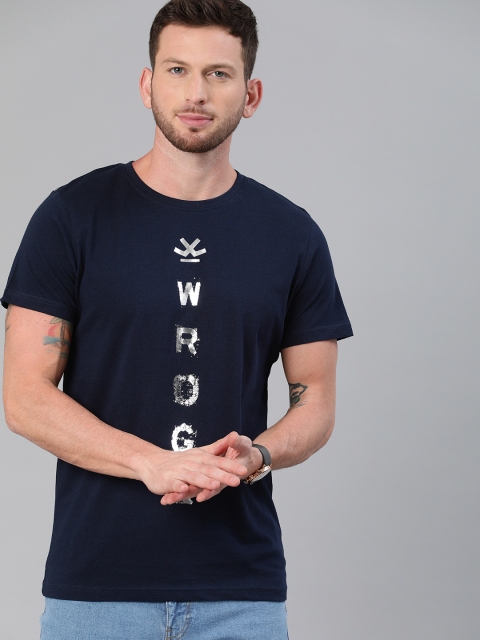 

WROGN Men Navy Blue Slim Fit Logo Printed Round Neck T-shirt