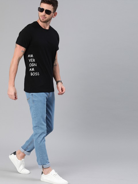 

WROGN Men Black Printed Round Neck Pure Cotton T-shirt