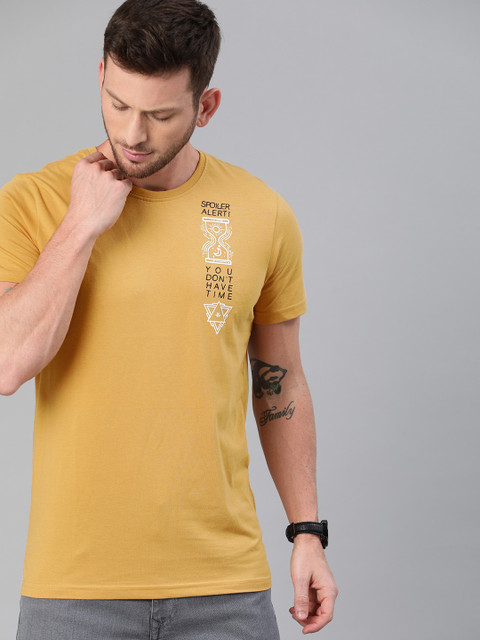 

WROGN Men Mustard Yellow Printed Round Neck Pure Cotton T-shirt