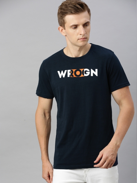 

WROGN Men Navy Blue Printed Round Neck T-shirt