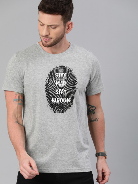 

WROGN Men Grey Melange & Black Printed Slim Fit Round Neck T-shirt