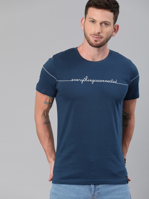 

WROGN Men Navy Blue Printed Slim Fit Round Neck Pure Cotton T-shirt