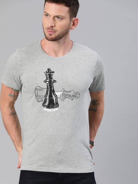 

WROGN Men Grey Printed Slim Fit Round Neck T-shirt