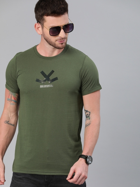 

WROGN Men Olive Green Printed Round Neck T-shirt