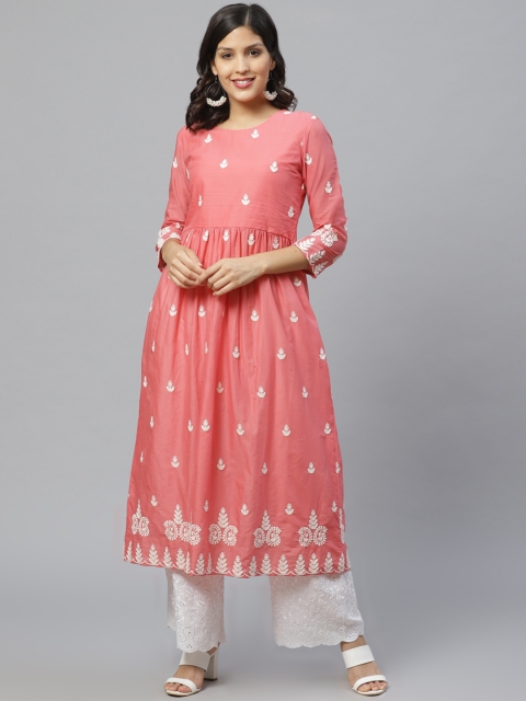 

Indo Era Women Pink & White Embroidered A-Line Kurta