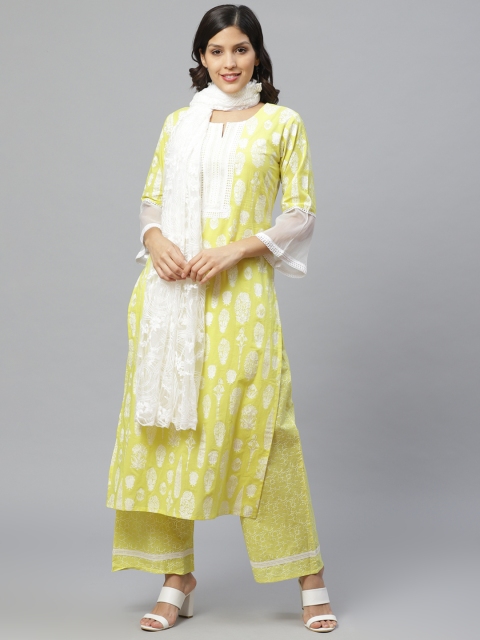 

Indo Era Women Yellow & White Foil Printed Kurta with Palazzos & Dupatta