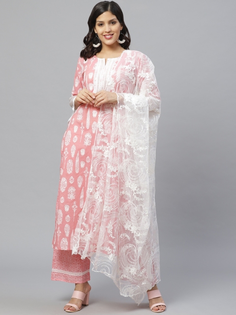 

Indo Era Women Pink & White Foil Print Kurta with Palazzos & Dupatta