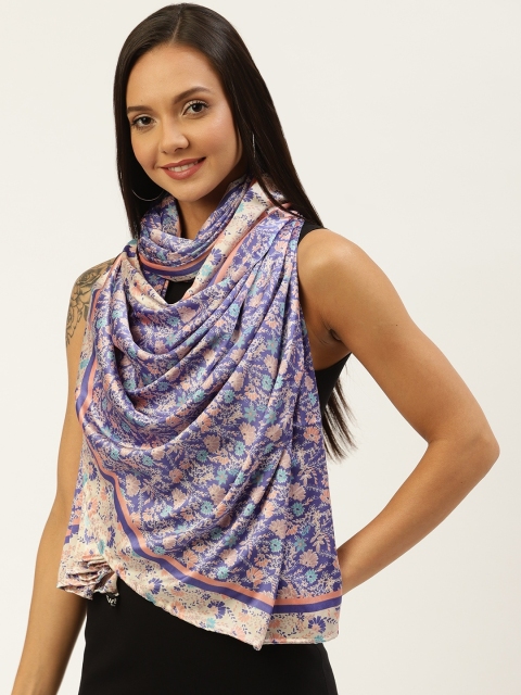 

WISSTLER Women Blue & Peach-Coloured Satin Finish Floral Print Stole