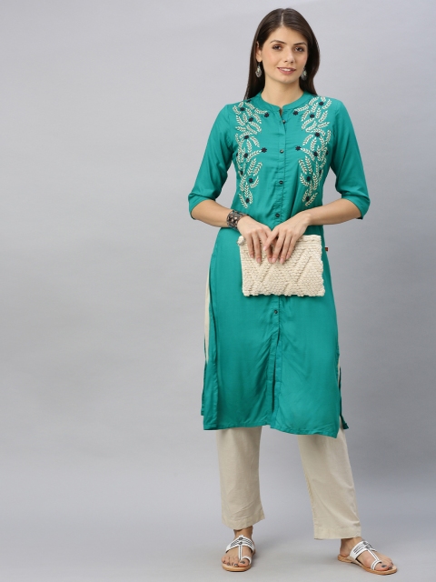 

Alena Women Teal Green Embroidered Straight Kurta