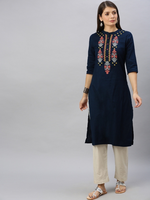 

Alena Women Navy Blue Embroidered Straight Kurta