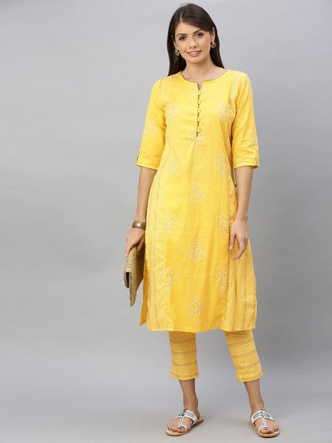 

Alena Women Yellow Printed Kurta with Trousers