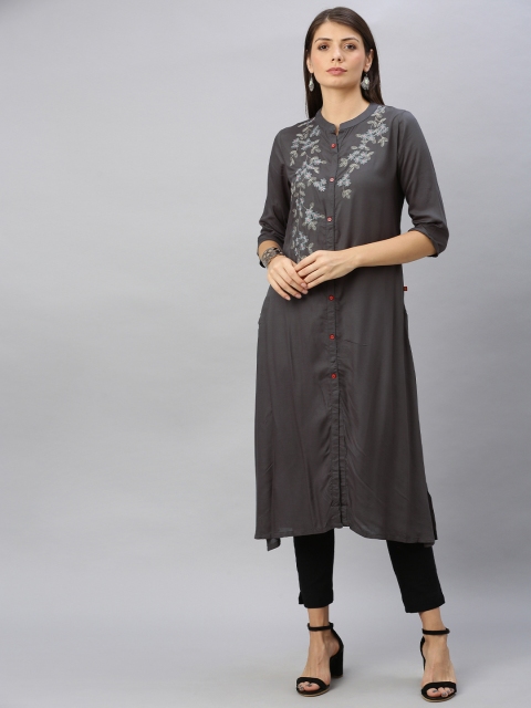 

Alena Women Brown & Grey Embroidered Straight Kurta