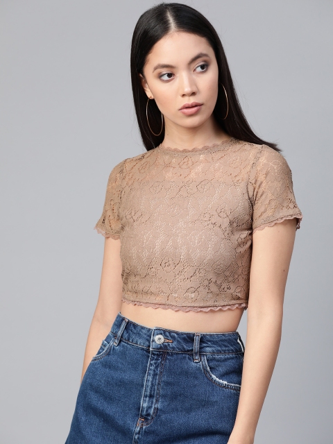 

SIRIKIT Women Beige Floral Self-Design Semi-Sheer Lace Crop Top