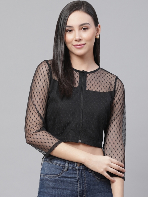 

SIRIKIT Women Black Semi-Sheer Self Design Cropped Top