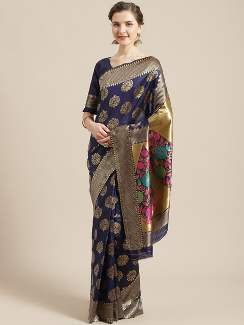 

Saree mall Navy Blue & Golden Woven Design Banarasi Saree