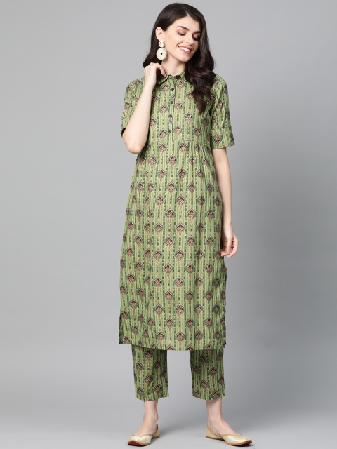 

Indo Era Women Green & Burgundy Foil Print Kurta with Trousers