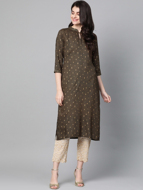 

Indo Era Women Olive Brown & Golden Printed Straight Kurta