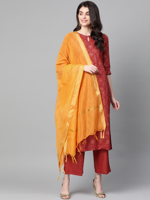 

Indo Era Women Red & Golden Foil Print Kurta with Palazzos & Dupatta