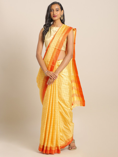 

KALINI Yellow & Orange Checked Art Silk Saree