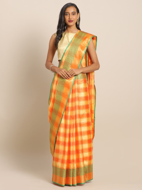

KALINI Yellow & Orange Art Silk Checked Mysore Silk Saree